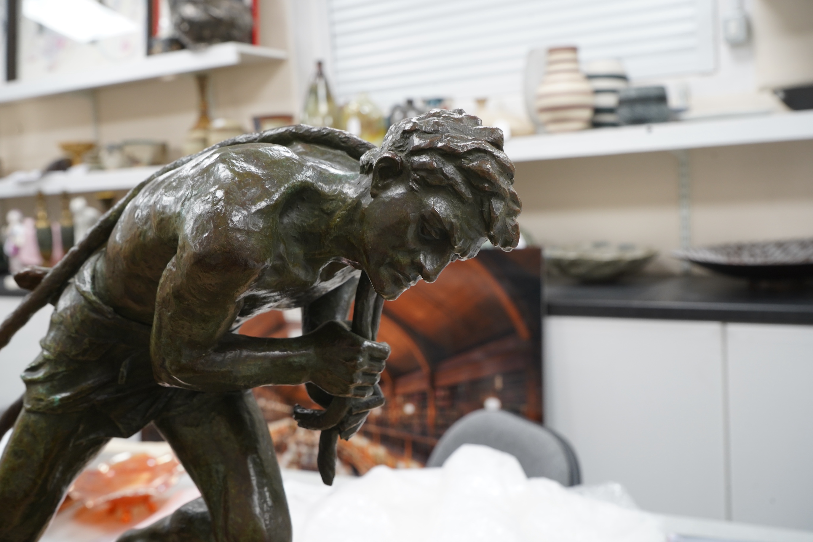 Edouard Drouot - Bronze L’Effort, male with ropes pulling a log, 59cm wide x 41cm high